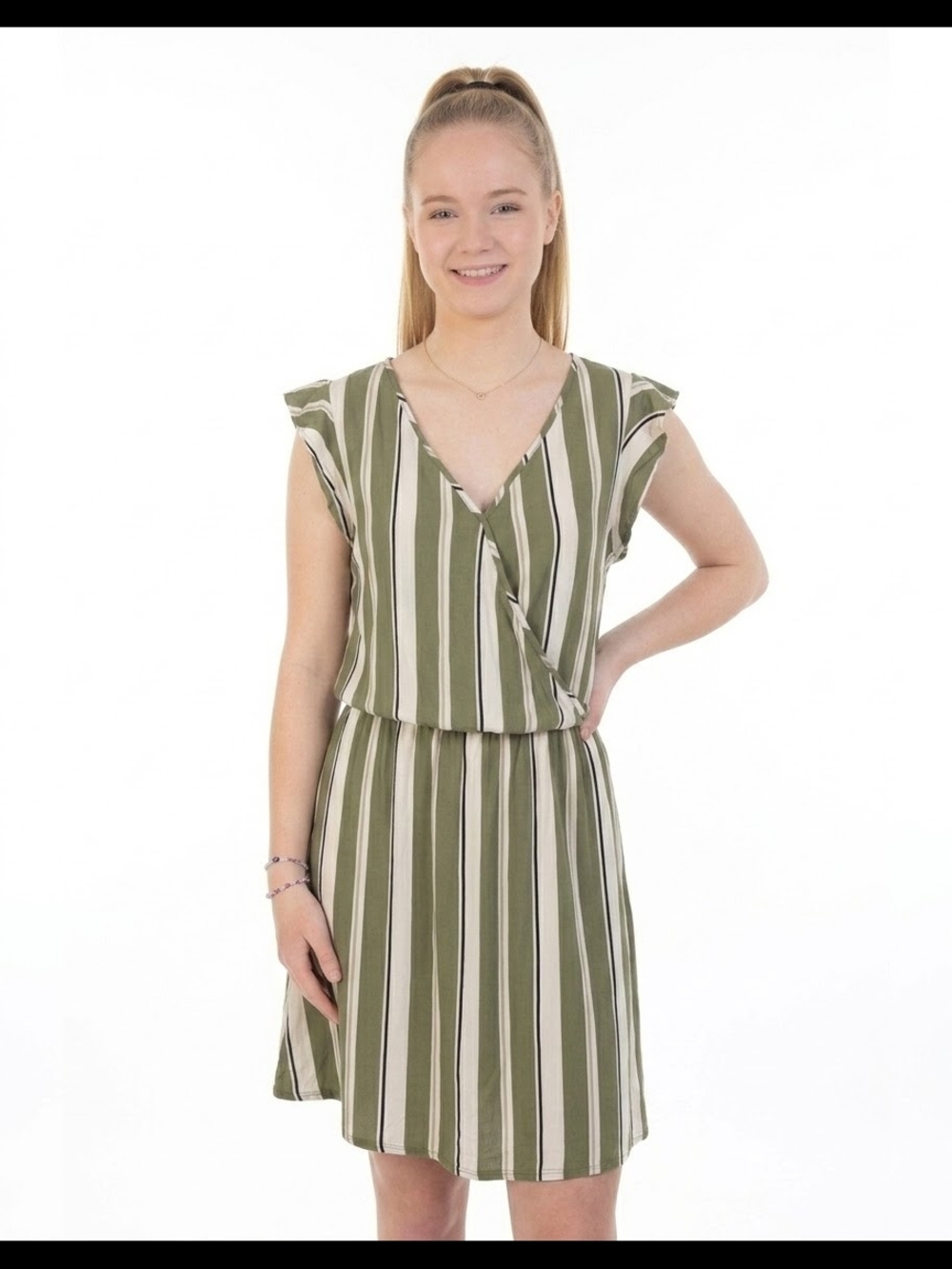 VERTICHE Olive Green & Beige Vertical Stripe Faux-Wrap Dress - Size Large (G)